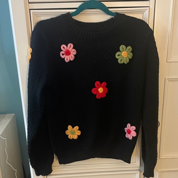 Sweaters - Floral Crochet Black Sweater